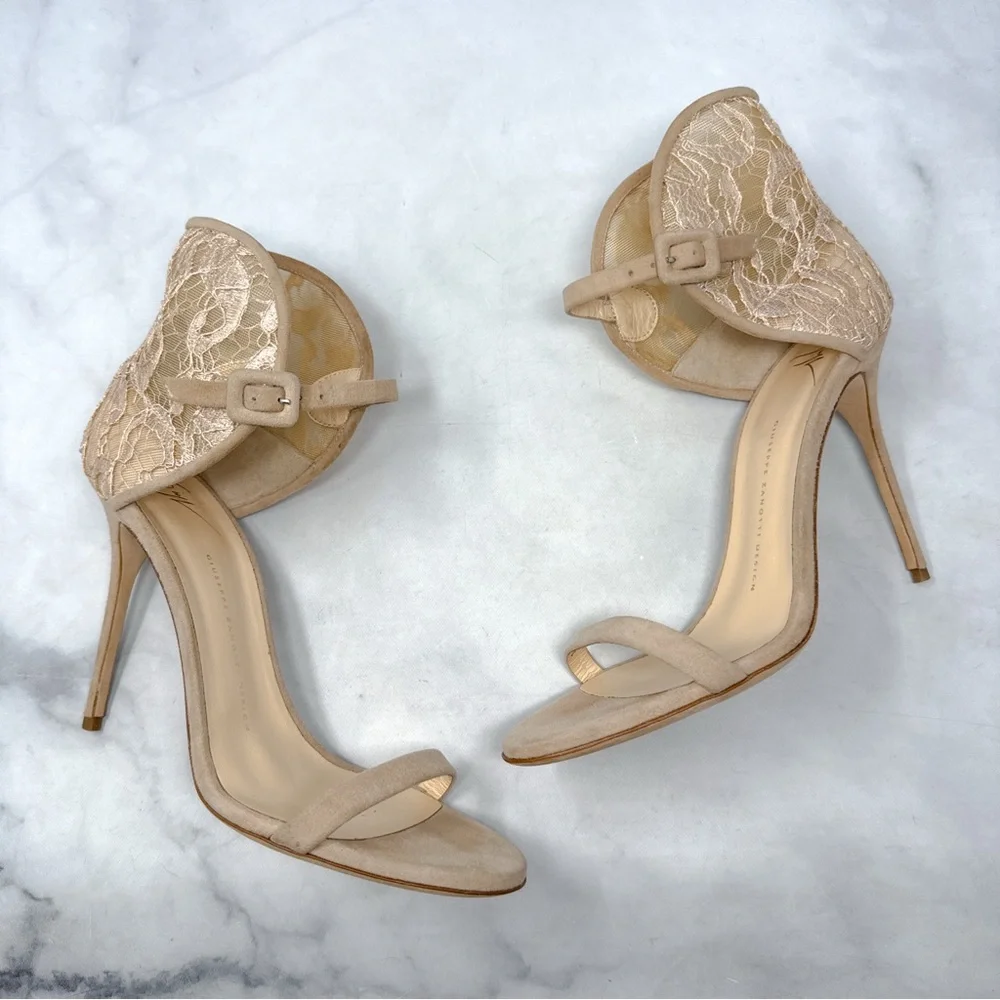 Giuseppe Zanotti Mistico Lace Cuff Buckle Suede Open Toe Stiletto Sandal Heel 40